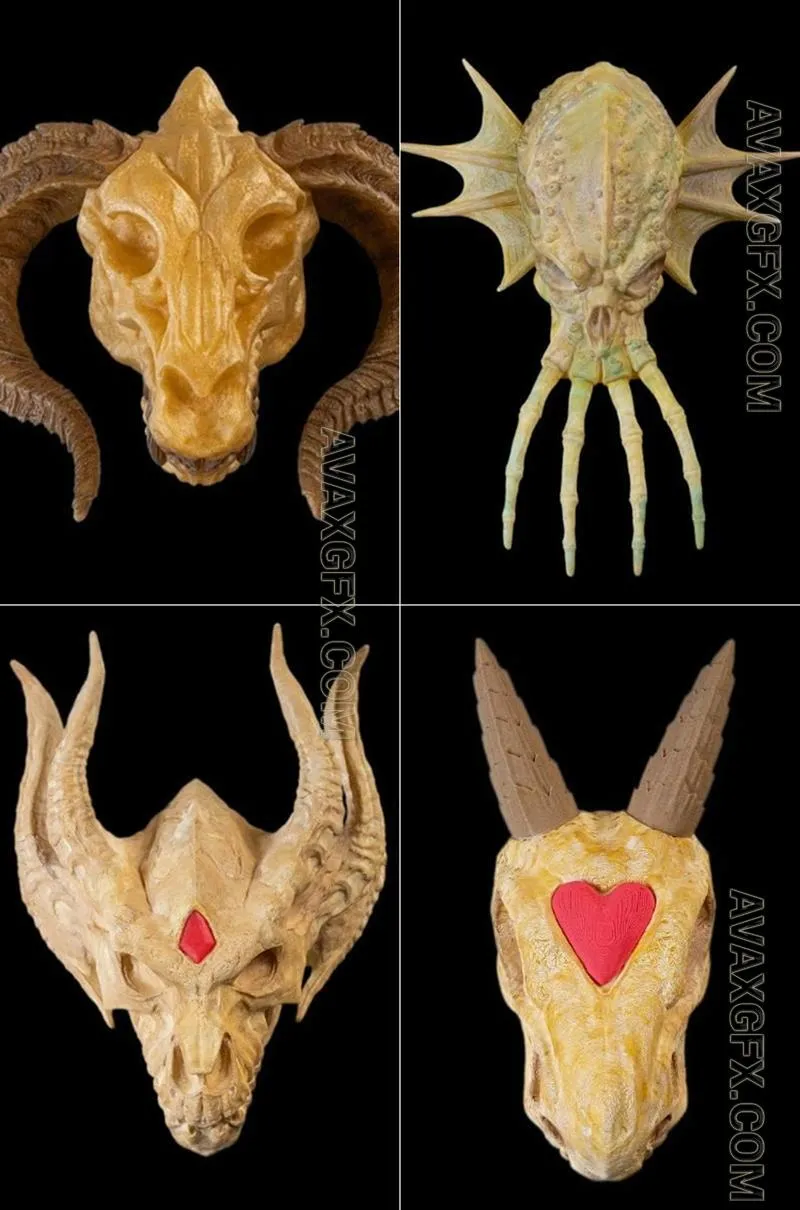 Skull - Gold Dragon and Green Dragon and Silver Dragon and Silver Hatchling - STL 3D Model